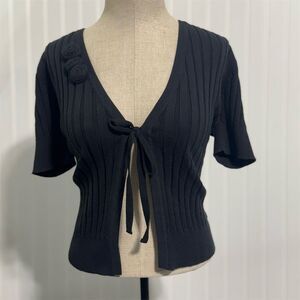 Van Heusen Studio Tie Front Cardigan XS Black Ribbed Rosette Flower Ballet Shrug